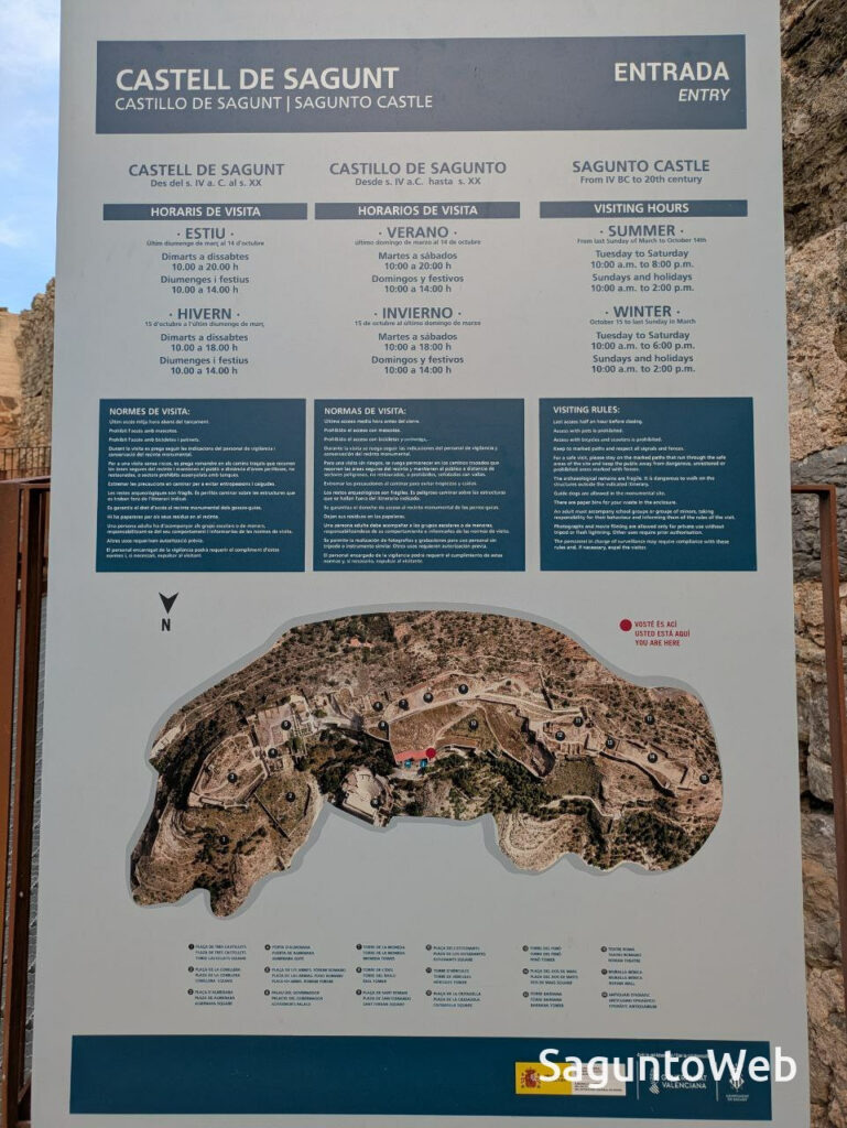 Cartel de entrada y horarios al castillo de Sagunto